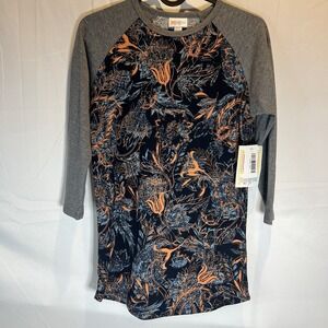 NWT LuLaRoe XXS Randy Gray Heather Sleeves Navy Blue with Flower‎ Design